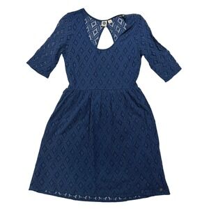 Roxy Blue Crochet Lace Dress Open Back 3/4 Sleeve Women's Small